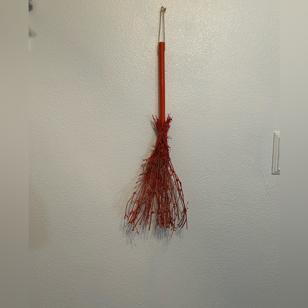 Orange sparkly Hanging Witch’s Broom Halloween Decor